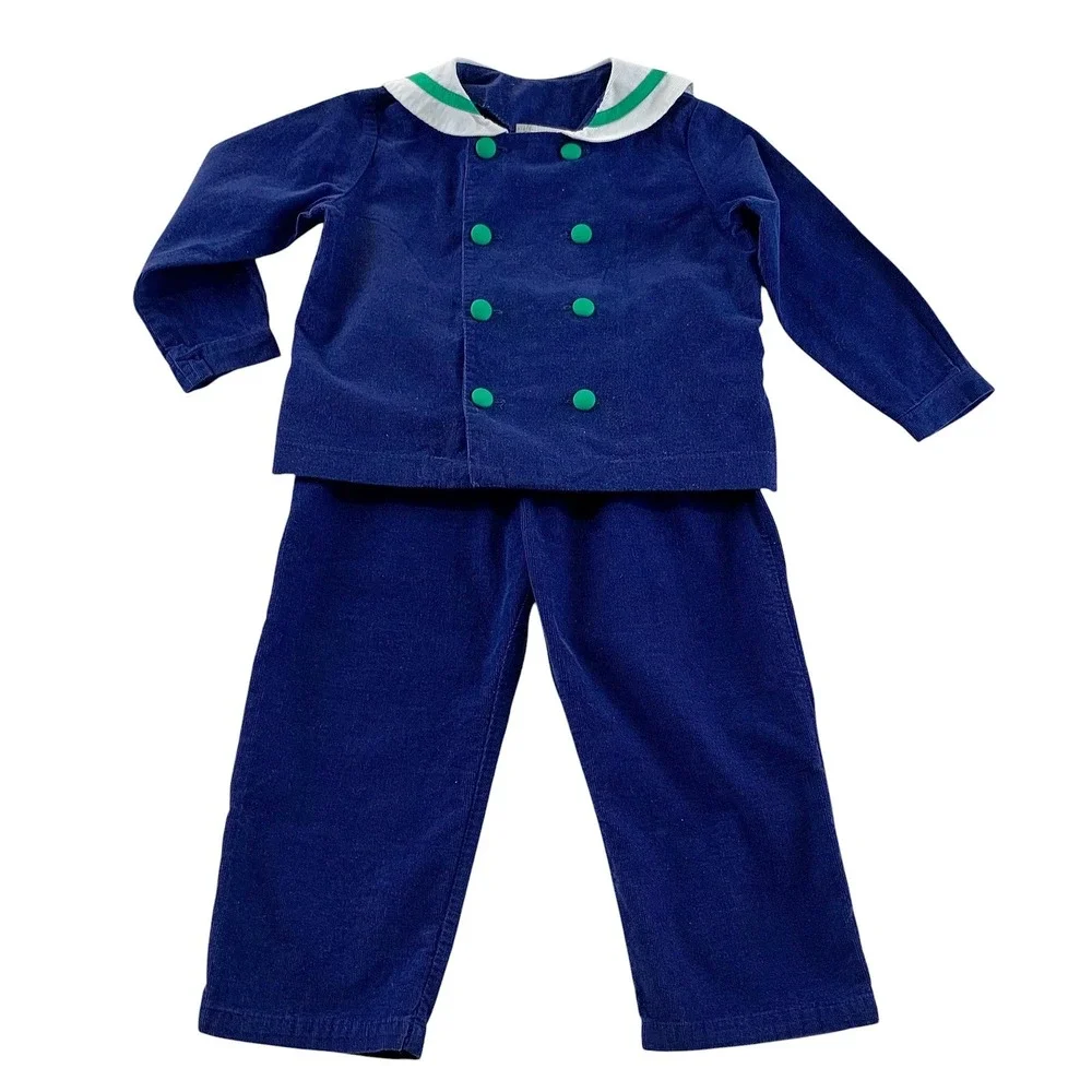 Funtasia Too Boys 4T Navy Kelly Green Fine Wale Corduroy Sailor Suit 2pc USA